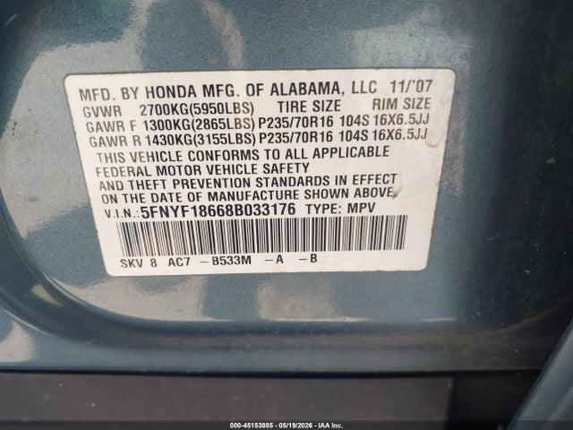 Aukcja sprzedaży 2008 Honda Pilot Ex-l, vin: 5FNYF18668B033176, numer aukcji: 45153885