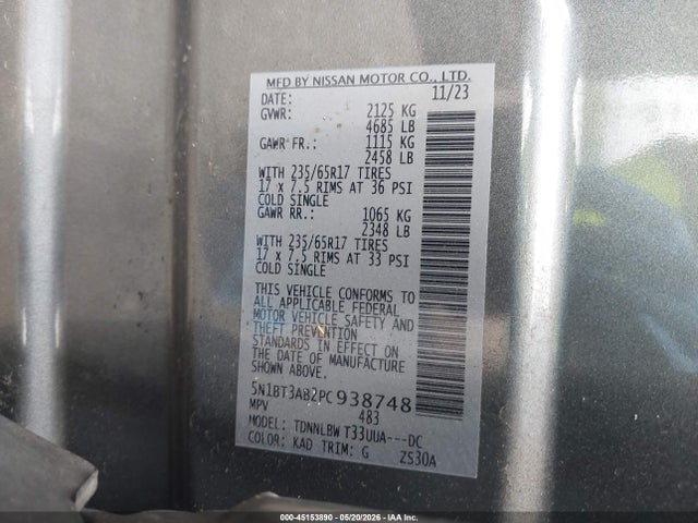 45153890 :رقم المزاد ، 5N1BT3AB2PC938748 vin ، 2023 Nissan Rogue S Intelligent Awd مزاد بيع
