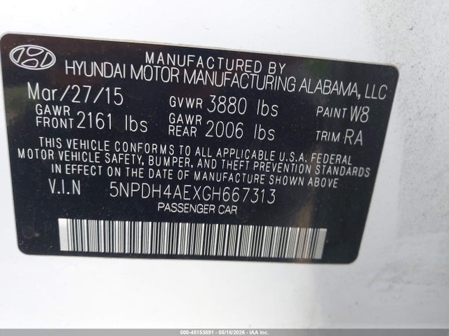 Aukcja sprzedaży 2016 Hyundai Elantra Se, vin: 5NPDH4AEXGH667313, numer aukcji: 45153891