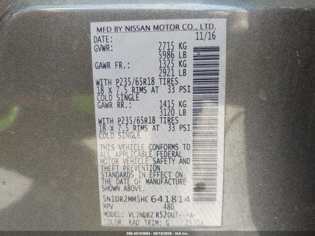 45153894 :رقم المزاد ، 5N1DR2MM5HC641814 vin ، 2017 Nissan Pathfinder S مزاد بيع