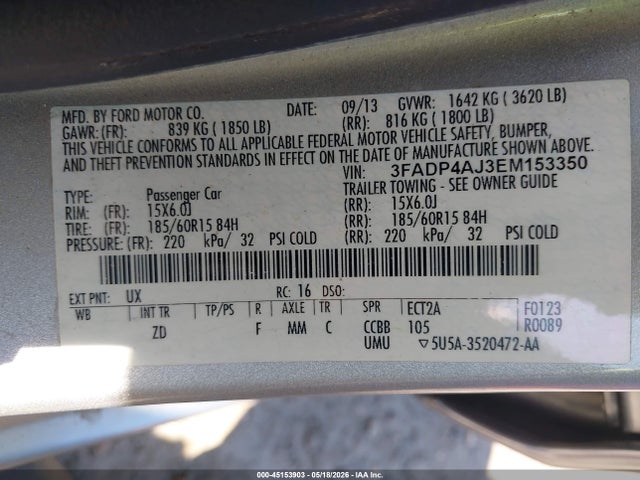 45153903 :رقم المزاد ، 3FADP4AJ3EM153350 vin ، 2014 Ford Fiesta S مزاد بيع