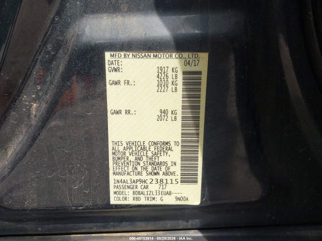 Aukcja sprzedaży 2017 Nissan Altima 2.5 Sv, vin: 1N4AL3AP9HC238115, numer aukcji: 45153914