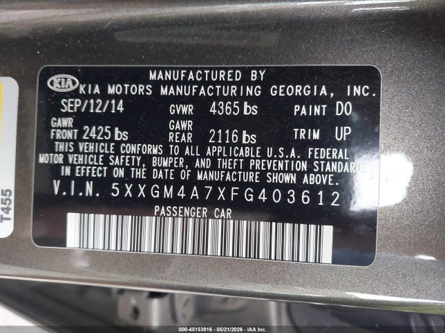 Продажа на аукционе авто 2015 Kia Optima Lx, vin: 5XXGM4A7XFG403612, номер лота: 45153916