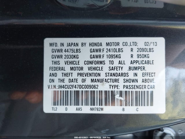 Aukcja sprzedaży 2013 Acura Tsx 2.4, vin: JH4CU2F47DC009062, numer aukcji: 45153921