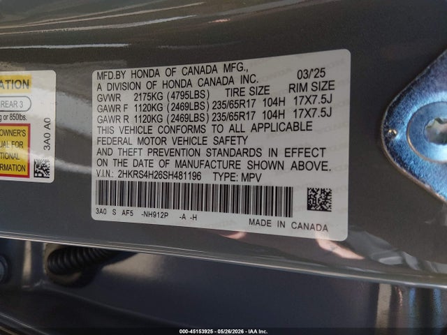 Продажа на аукционе авто 2025 Honda Cr-v Lx Awd, vin: 2HKRS4H26SH481196, номер лота: 45153925