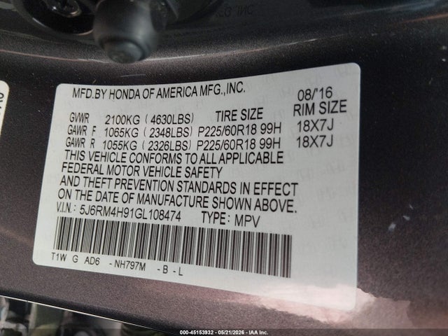 Aukcja sprzedaży 2016 Honda Cr-v Touring, vin: 5J6RM4H91GL108474, numer aukcji: 45153932