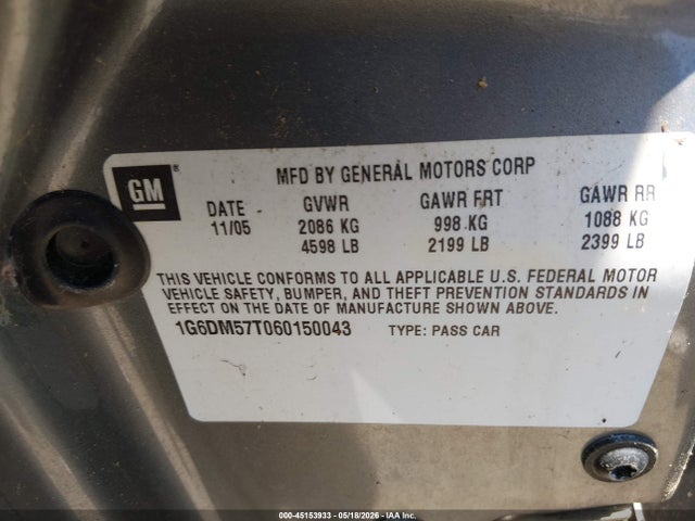 45153933 :رقم المزاد ، 1G6DM57T060150043 vin ، 2006 Cadillac Cts Standard مزاد بيع