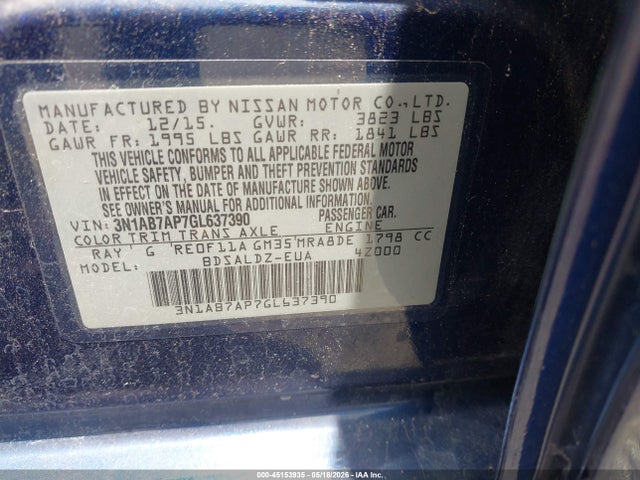 45153935 :رقم المزاد ، 3N1AB7AP7GL637390 vin ، 2016 Nissan Sentra Fe+ S/s/sl/sr/sv مزاد بيع