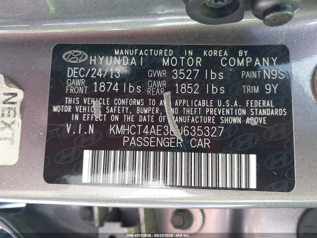 45153936 :رقم المزاد ، KMHCT4AE3EU635327 vin ، 2014 Hyundai Accent Gls مزاد بيع