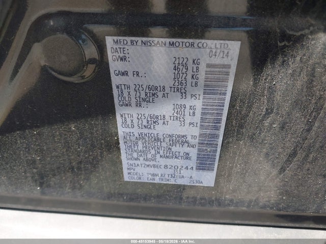 2014 Nissan Rogue Sl მანქანა იყიდება აუქციონზე, vin: 5N1AT2MV8EC820244, აუქციონის ნომერი: 45153945