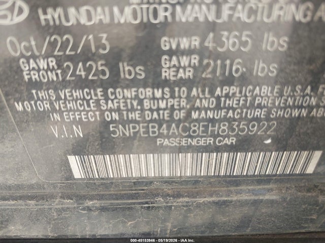 Aukcja sprzedaży 2014 Hyundai Sonata Gls, vin: 5NPEB4AC8EH835922, numer aukcji: 45153946