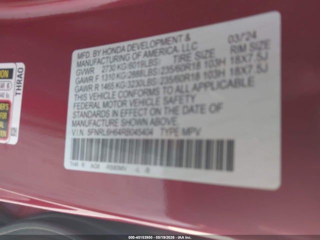 Honda Odyssey Ex-l 2024 5FNRL6H64RB045404 Image 9