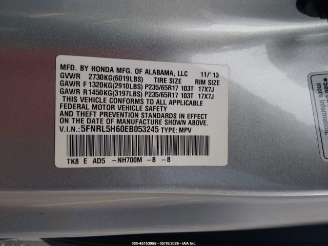 Aukcja sprzedaży 2014 Honda Odyssey Ex-l, vin: 5FNRL5H60EB053245, numer aukcji: 45153955