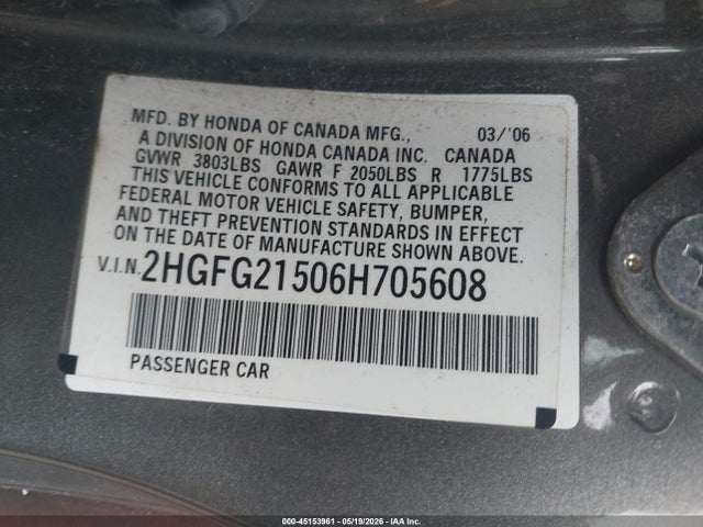 2006 Honda Civic Si მანქანა იყიდება აუქციონზე, vin: 2HGFG21506H705608, აუქციონის ნომერი: 45153961