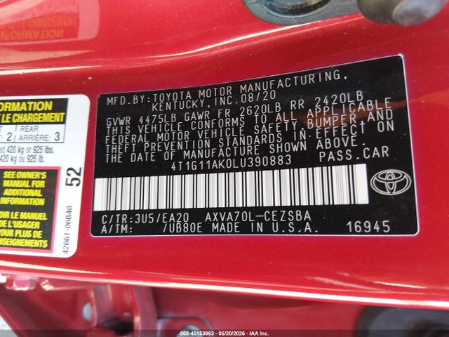 2020 Toyota Camry Se მანქანა იყიდება აუქციონზე, vin: 4T1G11AK0LU390883, აუქციონის ნომერი: 45153963