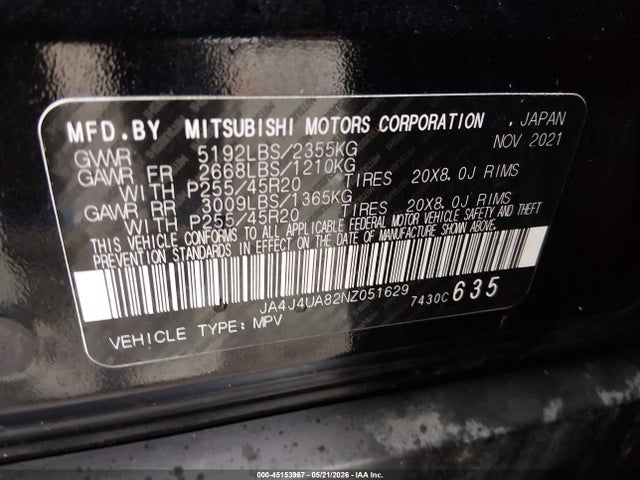 2022 Mitsubishi Outlander Black Edition S-awc/se 2.5 S-awc/se Launch Edition S-awc მანქანა იყიდება აუქციონზე, vin: JA4J4UA82NZ051629, აუქციონის ნომერი: 45153967