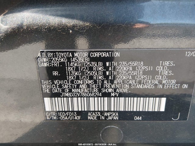 45153972 :رقم المزاد ، JTMBD32V786068294 vin ، 2008 Toyota Rav4 Sport مزاد بيع