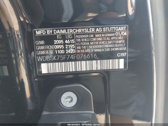 45153973 :رقم المزاد ، WDBSK75F74F076616 vin ، 2004 Mercedes-benz Sl 500 مزاد بيع