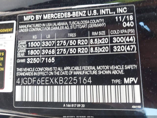 Продаж на аукціоні авто 2019 Mercedes-benz Gls 450 4matic, vin: 4JGDF6EEXKB225164, номер лоту: 45153974