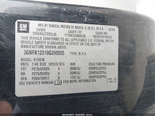 Продаж на аукціоні авто 2008 Chevrolet Avalanche 1500 Lt, vin: 3GNFK12318G290555, номер лоту: 45153975