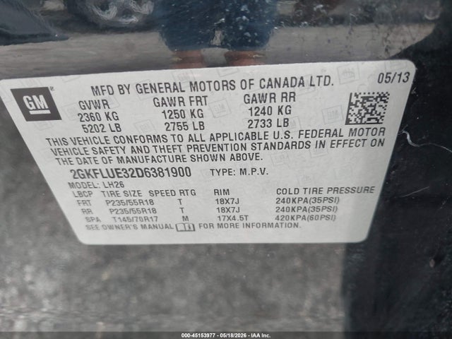 Aukcja sprzedaży 2013 Gmc Terrain Slt-1, vin: 2GKFLUE32D6381900, numer aukcji: 45153977