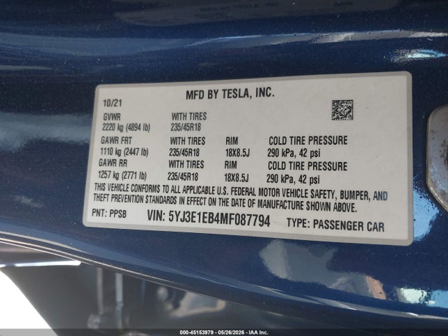 45153979 :رقم المزاد ، 5YJ3E1EB4MF087794 vin ، 2021 Tesla Model 3 Long Range مزاد بيع