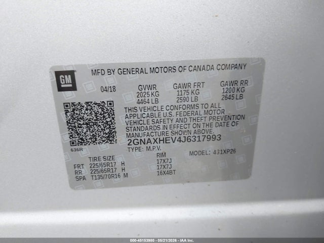 Продаж на аукціоні авто 2018 Chevrolet Equinox Ls, vin: 2GNAXHEV4J6317993, номер лоту: 45153980