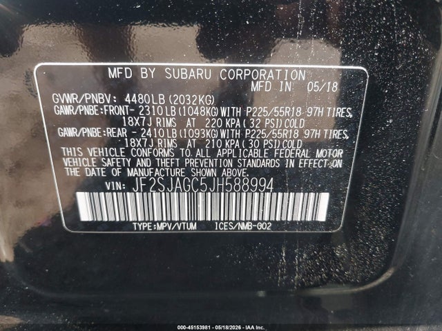Aukcja sprzedaży 2018 Subaru Forester 2.5i Premium, vin: JF2SJAGC5JH588994, numer aukcji: 45153981