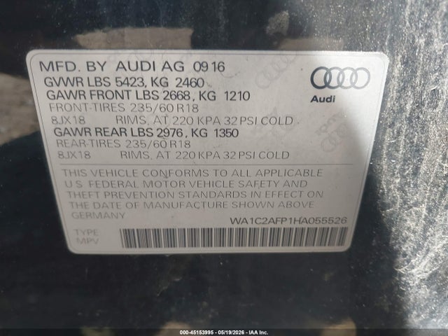 Продаж на аукціоні авто 2017 Audi Q5 2.0t Premium, vin: WA1C2AFP1HA055526, номер лоту: 45153995