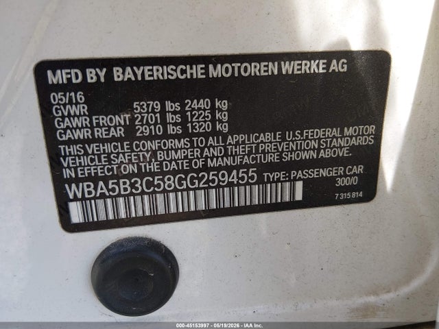 Aukcja sprzedaży 2016 Bmw 535i Xdrive, vin: WBA5B3C58GG259455, numer aukcji: 45153997