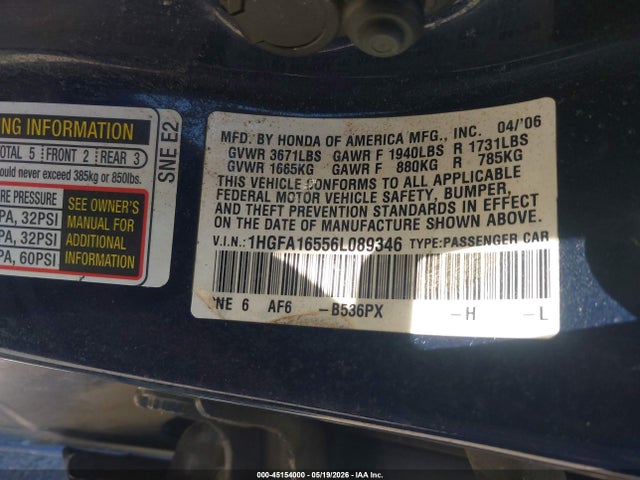 Продаж на аукціоні авто 2006 Honda Civic Lx, vin: 1HGFA16556L089346, номер лоту: 45154000
