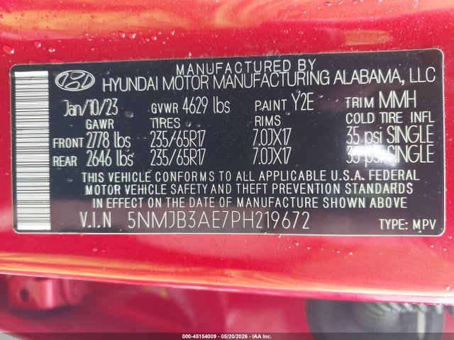 45154009 :رقم المزاد ، 5NMJB3AE7PH219672 vin ، 2023 Hyundai Tucson Sel مزاد بيع