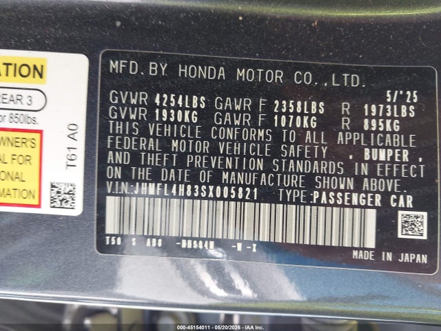 Aukcja sprzedaży 2025 Honda Civic Hybrid Sport, vin: JHMFL4H83SX005821, numer aukcji: 45154011