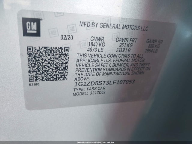 Aukcja sprzedaży 2020 Chevrolet Malibu Fwd Lt, vin: 1G1ZD5ST3LF107053, numer aukcji: 45154015