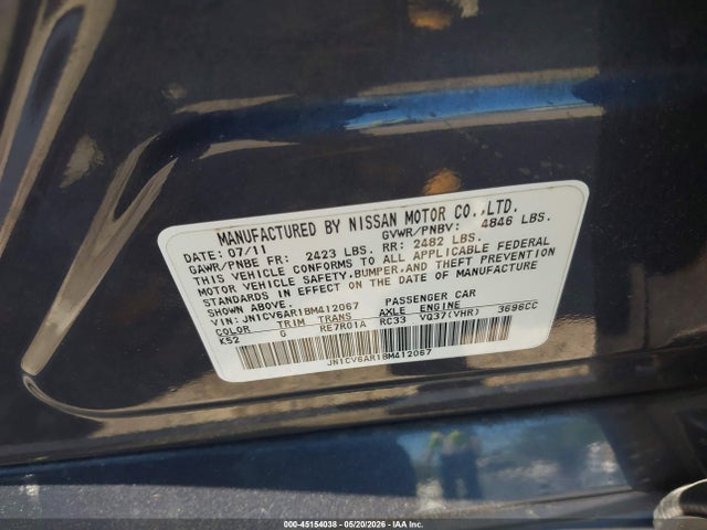 Продажа на аукционе авто 2011 Infiniti G37x, vin: JN1CV6AR1BM412067, номер лота: 45154038