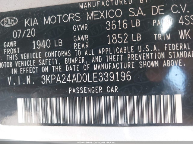 2020 Kia Rio S მანქანა იყიდება აუქციონზე, vin: 3KPA24AD0LE339196, აუქციონის ნომერი: 45154041