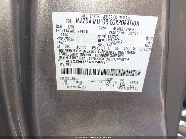 45154051 :رقم المزاد ، 4F2CZ96176KM24893 vin ، 2006 Mazda Tribute S مزاد بيع