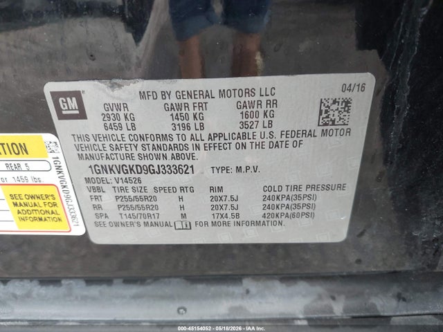 Продаж на аукціоні авто 2016 Chevrolet Traverse 1lt, vin: 1GNKVGKD9GJ333621, номер лоту: 45154052