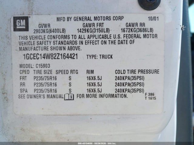2002 Chevrolet Silverado 1500 Commercial მანქანა იყიდება აუქციონზე, vin: 1GCEC14W82Z164421, აუქციონის ნომერი: 45154058
