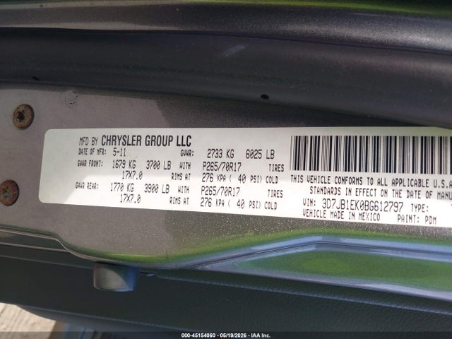 Aukcja sprzedaży 2011 Ram Ram 1500 St, vin: 3D7JB1EK0BG612797, numer aukcji: 45154060