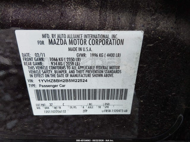 Aukcja sprzedaży 2011 Mazda Mazda6 I Sport, vin: 1YVHZ8BH2B5M22524, numer aukcji: 45154063