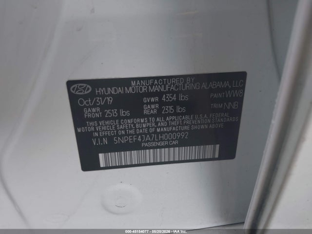 Aukcja sprzedaży 2020 Hyundai Sonata Sel, vin: 5NPEF4JA7LH000992, numer aukcji: 45154077