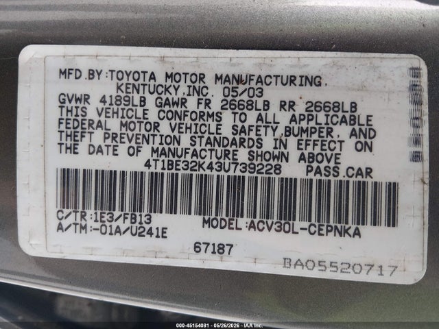 45154081 :رقم المزاد ، 4T1BE32K43U739228 vin ، 2003 Toyota Camry Le مزاد بيع