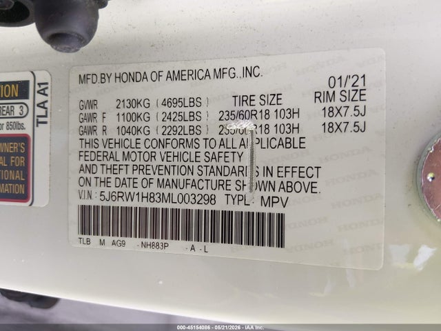2021 Honda Cr-v 2wd Ex-l მანქანა იყიდება აუქციონზე, vin: 5J6RW1H83ML003298, აუქციონის ნომერი: 45154086