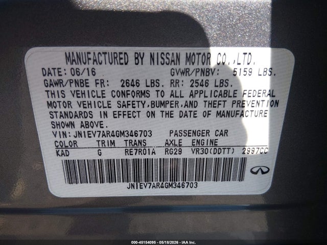 2016 Infiniti Q50 3.0t Premium/3.0t Sport მანქანა იყიდება აუქციონზე, vin: JN1EV7AR4GM346703, აუქციონის ნომერი: 45154095