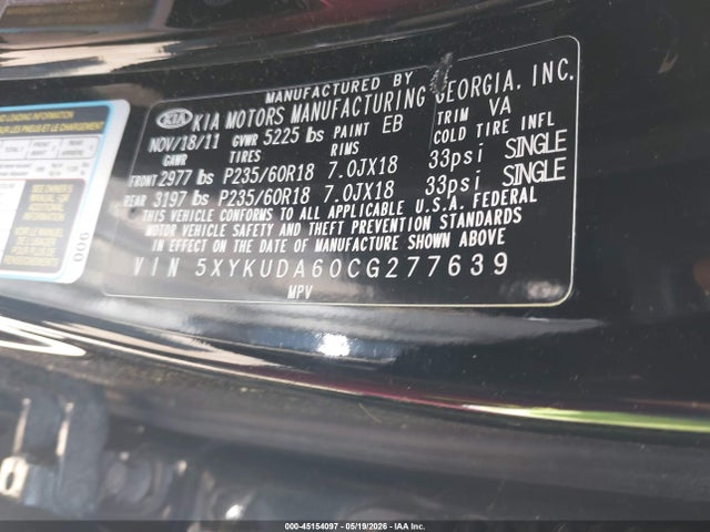 45154097 :رقم المزاد ، 5XYKUDA60CG277639 vin ، 2012 Kia Sorento Ex مزاد بيع