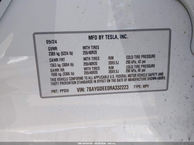 45154109 :رقم المزاد ، 7SAYGDEE0RA332223 vin ، 2024 Tesla Model Y Long Range Dual Motor All-wheel Drive مزاد بيع
