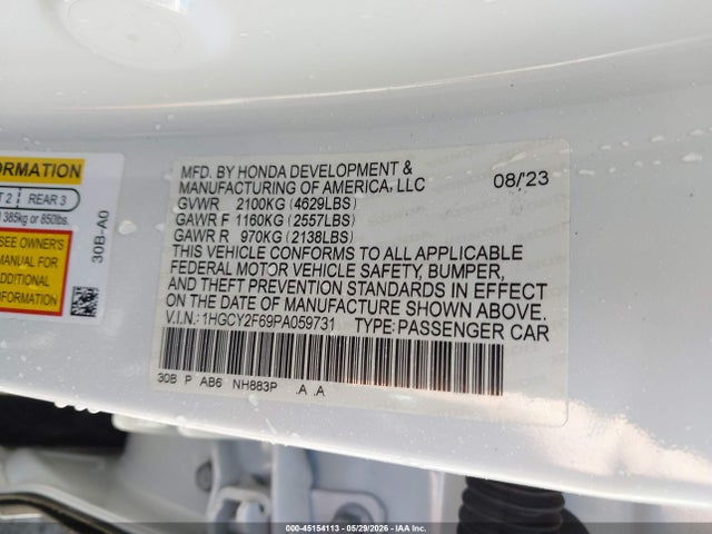 1HGCY2F69PA059731 Honda Accord Hybrid Ex-l