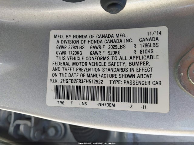 Aukcja sprzedaży 2015 Honda Civic Ex, vin: 2HGFB2F83FH512922, numer aukcji: 45154122