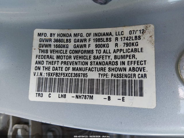 2012 Honda Civic Lx მანქანა იყიდება აუქციონზე, vin: 19XFB2F5XCE369785, აუქციონის ნომერი: 45154123